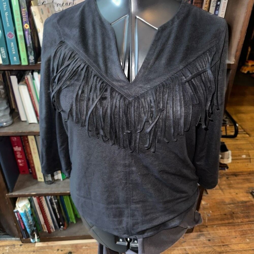 Express fringe western suede black v-neck cowboy blouse